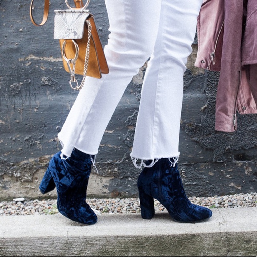 Navy blue velvet booties